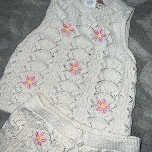 Toddler girl ZARA 2pc crochet matching pink flower shorts set
